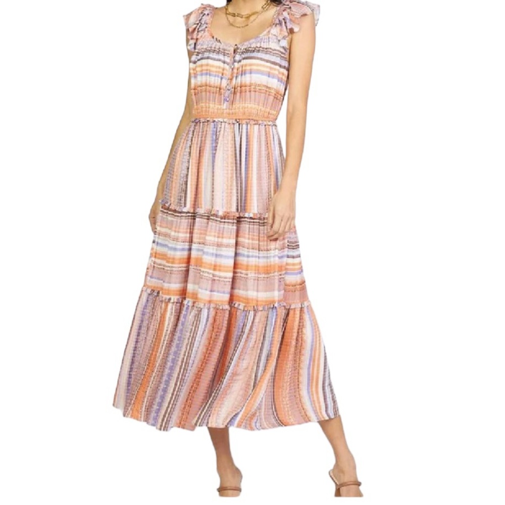 Current Air Purple/Cream/Orange Flutter Sleeve Tiered Midi Dress S